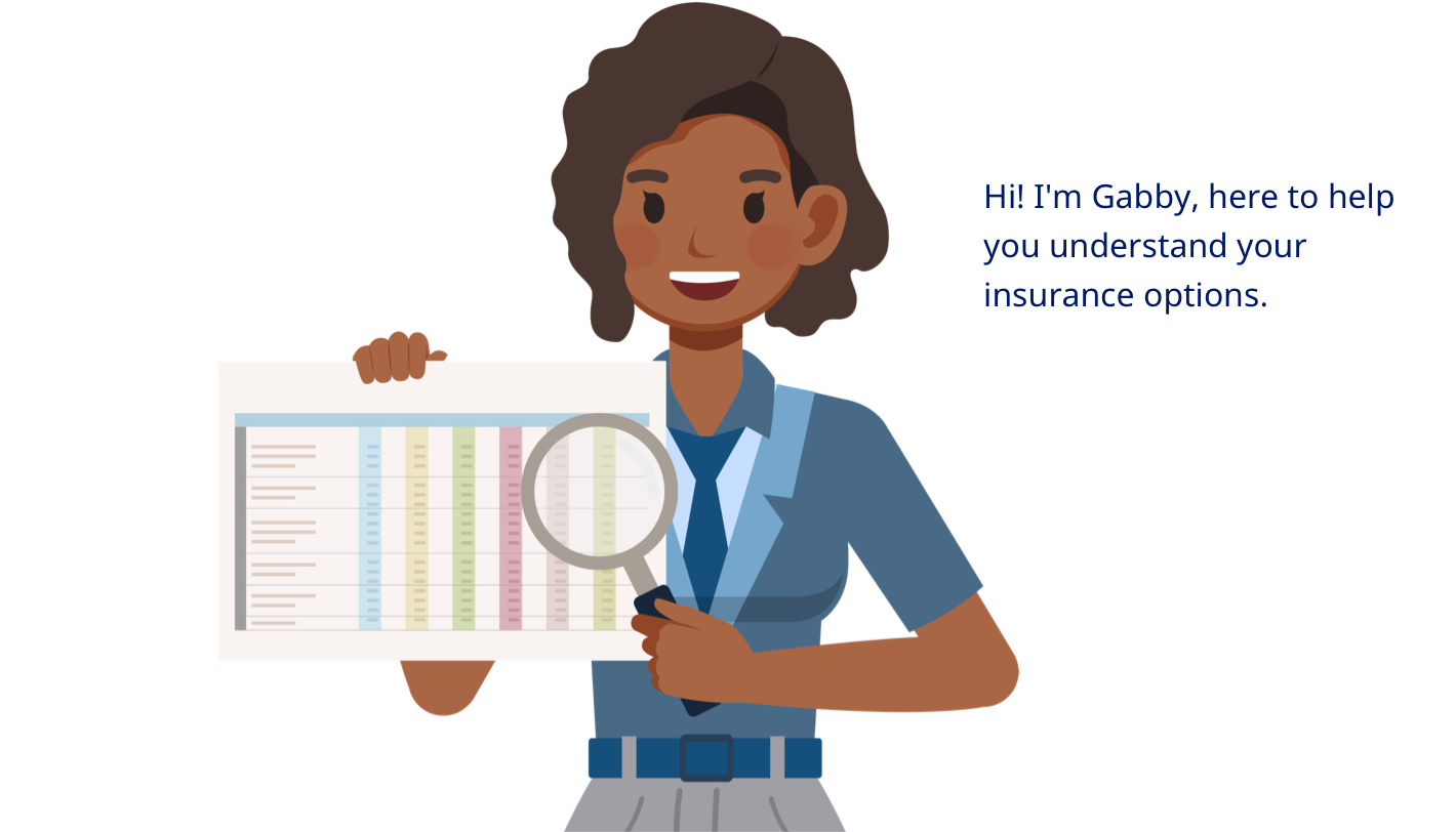 Gabby, your health insurance guide, holding a magnifying glass over a chart