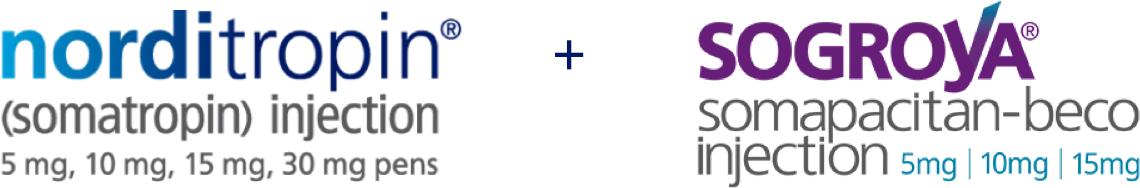 Norditropin® (somatropin) injection 5 mg, 10 mg, 30 mg pens and Sogroya® (somapacitan-beco) injection 5 mg, 10 mg or 15 mg logos